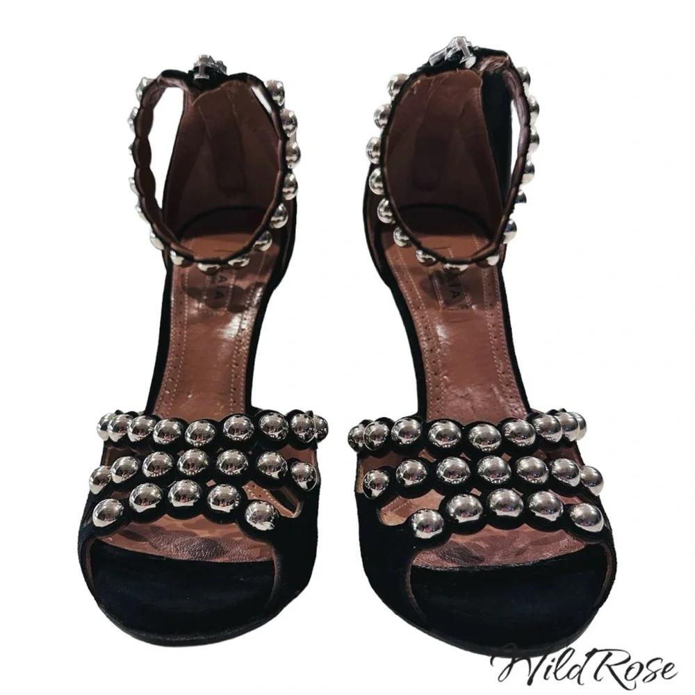 Alaia Black Suede Studded Ankle Strap Sandals Heels Size 36 - Picture 4 of 16